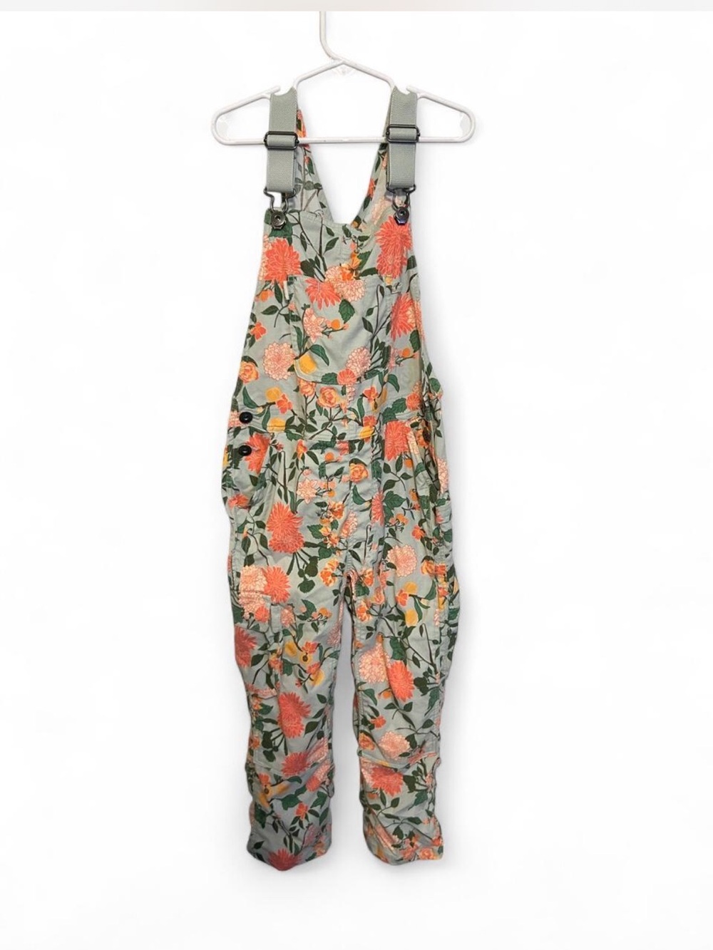 Duluth Trading Co Kids Floral Overalls in Sage with Coral Blooms